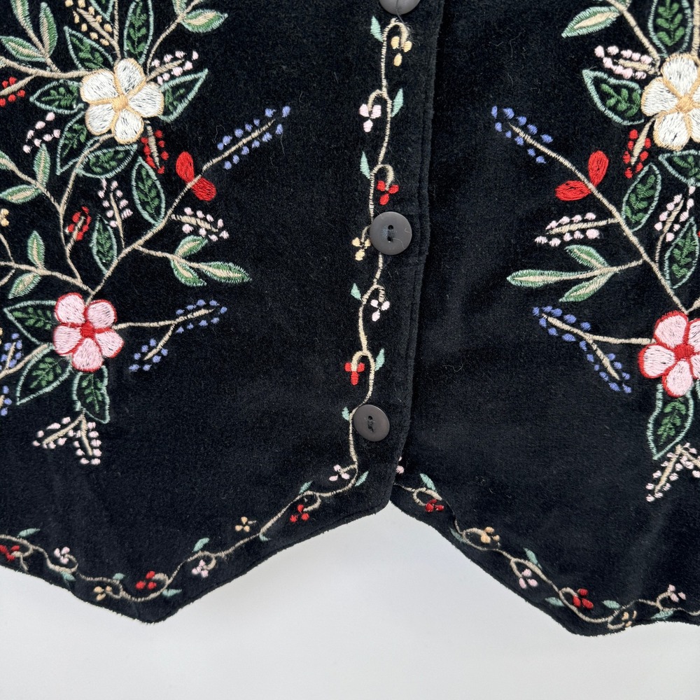 Keren Hart Velvet Vest Women XL Black Floral Embroidered Button Cottagecore - Picture 7 of 13
